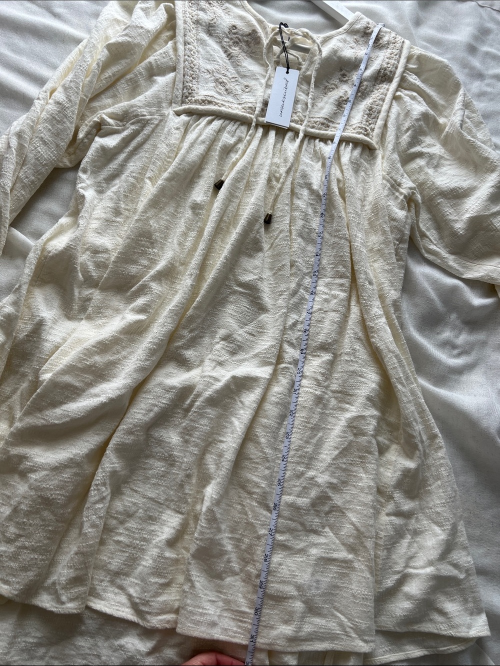 Boho Lace-Up Cream Embroidered Mini Dress - Picture 10 of 10